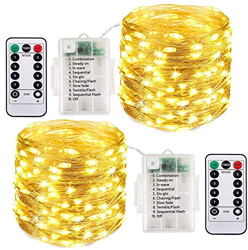 ooklee® 2 Pack Fairy Lights Battery Operated, 10M 100 LED String Lights Waterproof Outdoor/Indoor, 8 Modes with Remote Timer, Twinkle Lighting for Gazebo Party Room Garland Xmas Decor (Warm White)
