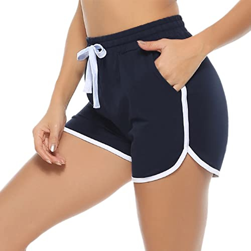 Aseniza Löparshorts för kvinnor, mjuka sportjoggingkläder, bomull, lounge, träning, gym, yoga, strippad hög midja med fickor, A-mörkblått, L