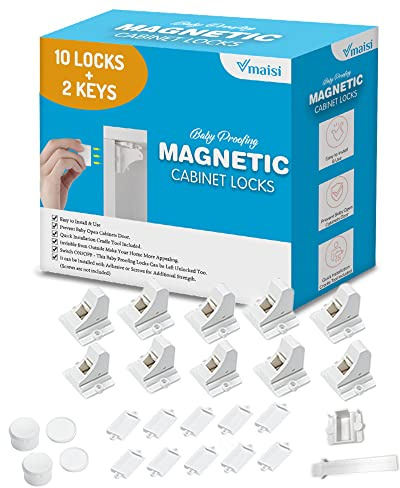Vmaisi Adhesive Magnetic Locks for Cabinets & Drawers (10 Locks and 2 Keys)