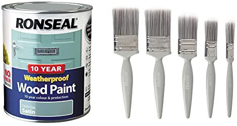 RONSEAL 38792 10 Year Weatherproof Paint, Duck Egg Blue, 750ml and Harris Essentials Walls & Ceilings Paint Brush Set | Pack of 5 | 0.5, 1, 1.5, 2