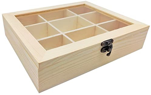 Acan Tradineur - Caja de Madera con 9 Compartimentos y Tapa con Cristal, Expositor de Joyas, Organizador, joyero, Collares, Relojes, 4,8 x 21,2 x 17,9 cm