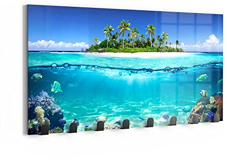 DEQORI Wandgarderobe Glas & Metall | Motiv Insel im tropischen Meer | 60x30 cm | Design Haken-Leiste modern | Garderoben-Paneel für Flur, Wohnzimmer & Schlafzimmer | magnetisch & beschreibbar