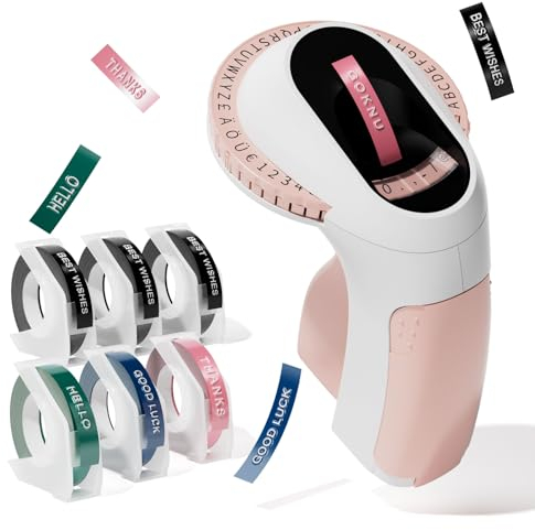 Goknu Prägegerät, Beschriftungsgerät Prägegerät Selbstklebend E975, Beschriftungsgerät Retro, Etikettenprägegerät mit 6 Prägebändern, 3D Etikettiergerät Prägegerät Etiketten für Zuhause, DIY (Rosa)