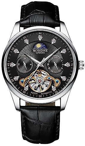 rorios Herren Automatik Tourbillon Uhr Diamant Skelett Uhr wasserdichte Mechanische Armbanduhr Leuchtende Mondphase Uhr Lederarmband Schwarz weiß B