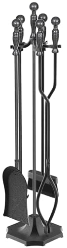 LOENIY Kaminwerkzeug-Set, Schmiedeeiserne Kaminwerkzeuge mit ergonomischem Griff, Kamin-Zubehör-Set inklusive Zange, Schaufel, Basis, Schürhaken und Bürste für drinnen und draußen, 5-teilig (grau)