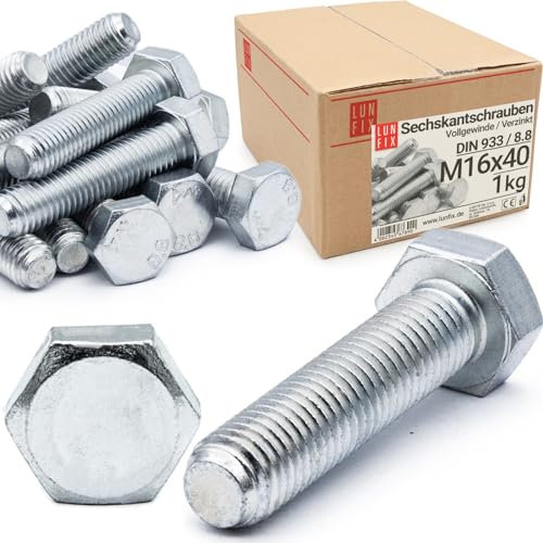 Vite testa esagonale M16x40 DIN 933 Filo pieno-FK 8.8-zincato acciaio resistente, bulloni per fissaggi, viti per montaggio tecnica robusta 10 pezzi per officina e lavori Lun Fix