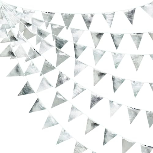 Guirlande de fanions triangulaires en tissu argenté double face holographique pour mariage, anniversaire, fête prénatale, anniversaire, enterrement de vie de jeune fille, remise de diplôme, décoration