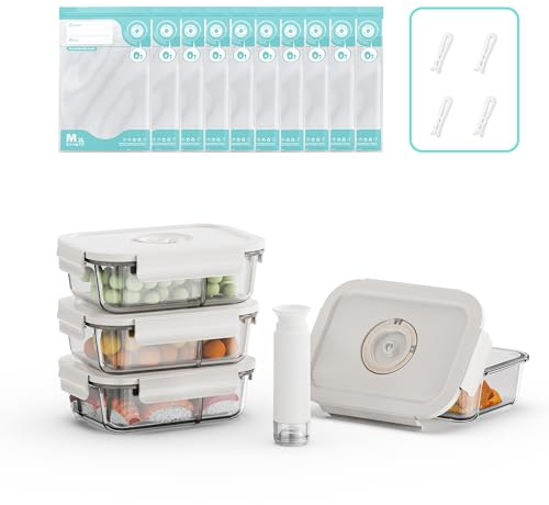 Annalocker Set de 4 Boîtes Alimentaires Hermétiques en Verre avec Pompe à Vide - Indicateur de Date Intégré - Sans BPA, Anti-Odeur - Pour Four, Micro-Ondes, Lave-Vaisselle et Congélateur(S)