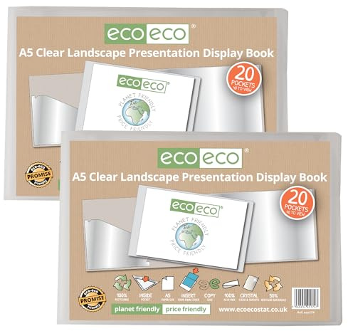 eco-eco Eco174x2 - Libro de presentación de paisaje transparente A5 50% reciclado, 20 bolsillos, estuche de almacenamiento, carpeta de arte con fundas de plástico, paquete de 2
