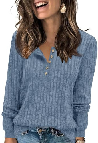 Fisoew Camiseta de manga larga para mujer, cuello redondo, botón ligero, jersey de punto de manga larga, jersey básico de otoño, azul, XXL