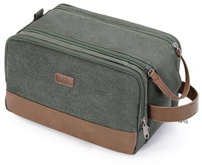 WANDF Kulturtasche für Herren, Reise-Kulturbeutel, Kosmetiktasche mit Segeltuch und PU Leder, Wasserabweisende Rasiertasche für Reisezubehör(Grün, M, Patent angemeldet)