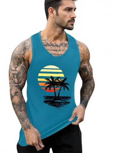 Mens Vest Tops Cotton Summer Hawaiian Printed Round Neck Beach Mens Holiday Vests Casual Sleeveless Tshirt Men (UK, Alpha, 3XL, Regular, Regular, Blue Sunset Palms)
