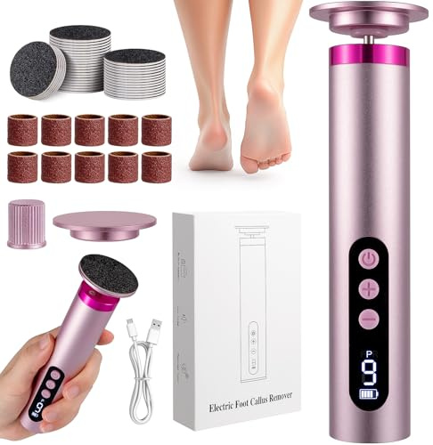Coopache Rimozione calli elettrico 2 in 1, ricaricabile per rimuovere i calli del piede, 9 livelli regolabili con lime intercambiabili, set di pedicure per talloni screpolati, pelle dura