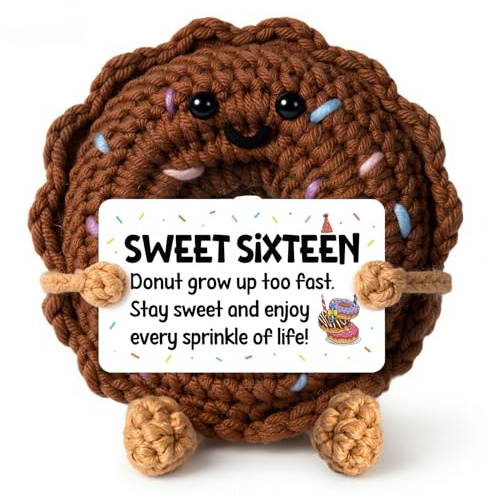 IDELTIME 16th Birthday Gifts Girl, Handmade Cute Chocolate Crochet Donut | Sweet Sixteen Gifts for 16 Year Old Girls Daughter Niece Granddaughter Sister Friend, 16 Birthday Decorations Donut Crochet
