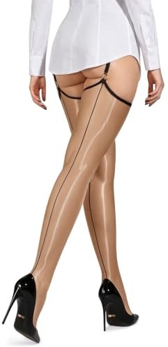VOGEL VERE Ladies Back Seam Sheer Stockings for Suspenders Sexy Shiny Retro | Fully Fashioned Stockings, Ultra-Thin Smooth Glossy Nylon Hold Ups for Suspender Belts, Shimmery, Retro