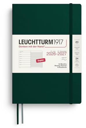 LEUCHTTURM1917 Veckokalender 2027 A5 med anteckningsbok, linjerad, mötesplanerare engelska, 18 månader juli 2026 – december 2027, skogsgrön, softcover 210 x 145 mm, veckoöversikt vänster