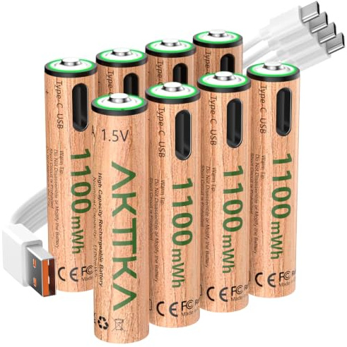 Pilas AAA Recargables 1100 mWh, Pack de 8, 1,5V Tensión Constante Li-Ion, Carga Rápida USB-C con Cable 1 a 4, 500+ Ciclos, para Mandos, Básculas y Termómetros