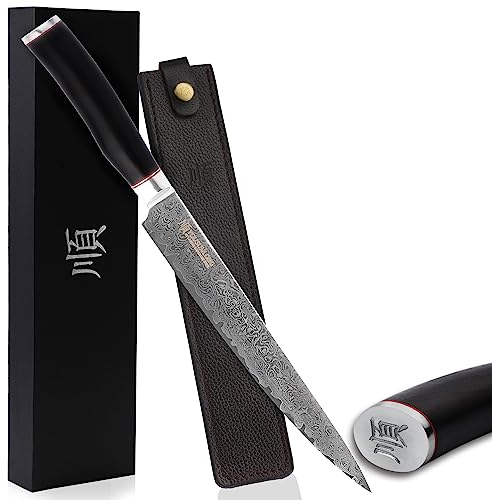 YOUSUNLONG Coltello da carne 25,4 cm coltello da filettatura Sashimi coltello - mancino - manico in damasco giapponese - ebano naturale con fodero in pelle