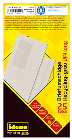 Idena 10544 - Briefumschläge mit Fenster DIN lang, 25 Stück selbstklebend, Umschläge aus 75 g/m² Recycling Papier in Grau