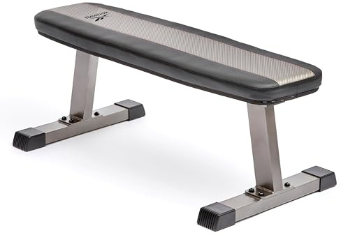 Reebok Fitness Strength Training Bench with Wipeable Padding, Non-slip Feet, 330lb Weight Capacity, Bench for Seated and Bridging Exercises (Flat Weight Bench)