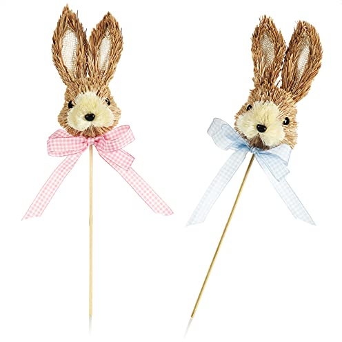 com-four® 2X Blumenstecker im Hasen-Design - Osterhasen-Dekostecker - niedliche Hasenköpfe mit Schleife - Steckdeko für Blumentopf und Beet - Häschen-Pflanzstab - Osterdekoration - Hasenpaar