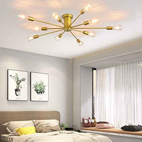 JIINOO 10 Lampor Modern ljuskrona Taklampa Guld Industriell taklampa Medeltida Halvspolning Mount Ljuskrona Taklampa för Kök Matsal Vardagsrum Sovrumsbelysning [Energiklass E