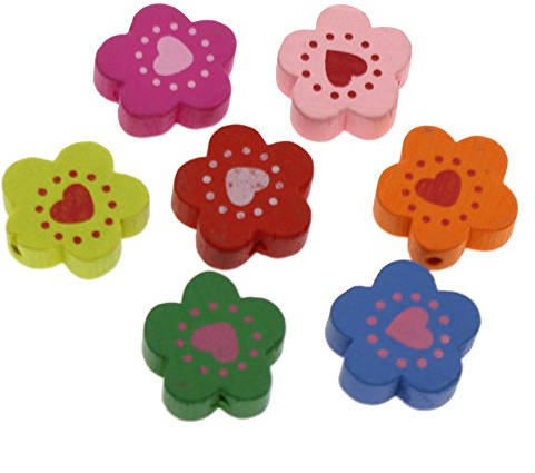 Perlin Perle di legno da infilare, 20 pezzi, motivo: perline colorate, per braccialetti fai da te, gioielli, collane, colore misto (fiore con cuore, 18 mm)