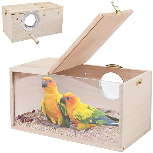 RANYPET Budgie Nesting Box, Wooden Parrot Nest Box with Clear Panel, M