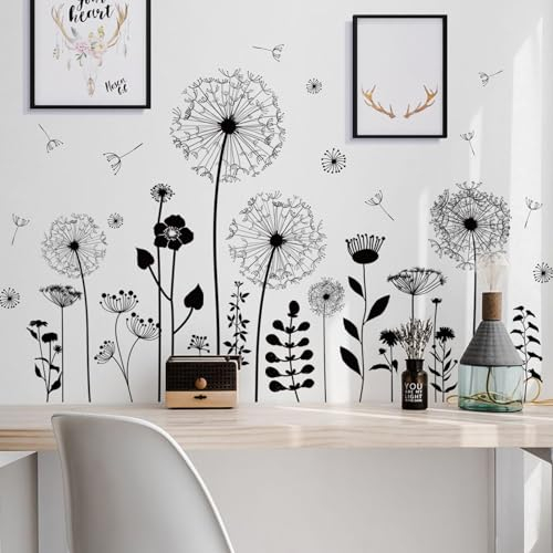 Wenxiaw Wandtattoo Pusteblumen Schwarz für Wanddeko, Groß Löwenzahn Blumen Pflanzen Wandsticker Wandaufkleber Kleben Aufkleber Wandbilder für Wohnzimmer Schlafzimmer Vorraum Flur Fenster