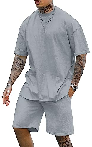 Cooleep Herr T-shirt och shorts, set i 2 delar, sommarträningsoverall, joggingdräkt, kortärmad, ledig, fritidskläder, tracksuit för män M-3XL, GRÅ, XL