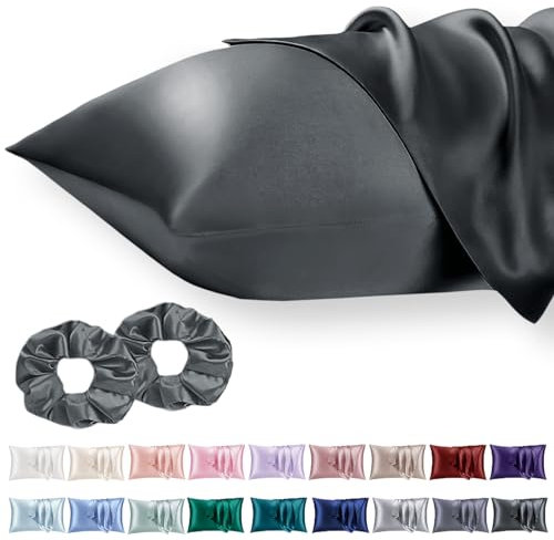Vielit 2 Pack Satin Pillowcase for Hair and Skin Cooling,Soft as Silk Pillowcase for Hair and Skin,Easier Care than Silk Pillow Case Darkgrey 50x75cm Gifts for Women Envelope & 2 Scrunchies