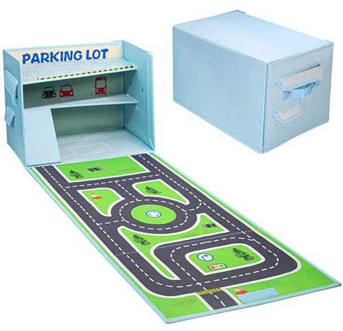 Livememory Scatola portaoggetti per auto giocattolo, garage per bambini, con tappetino da gioco (auto non incluse)