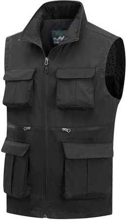 MeiLayM Uomo All'aperto Gilet da Pesca con Multi-Tasche Traspirante Asciugatura Rapida Sportivo Giacca Viaggio Casual Gilet Leggeri Traspirante Senza Maniche Gilet Fotografi Caccia Nero,XXL