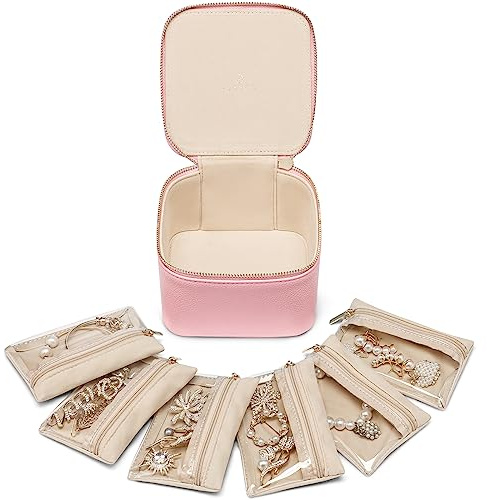 Vlando Petite boîte à bijoux, rangement de bijoux de voyage avec 6 poches à fermeture éclair en velours, matériel de pétales de qualité supérieure