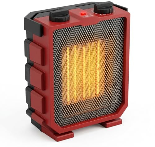 Comfort Zone 1500W Portable Electric Space Heater with Fan – Ceramic Utility Heater with Adjustable Thermostat, 3 Modes, Foldable Handle & Tip-Over Protection – Red