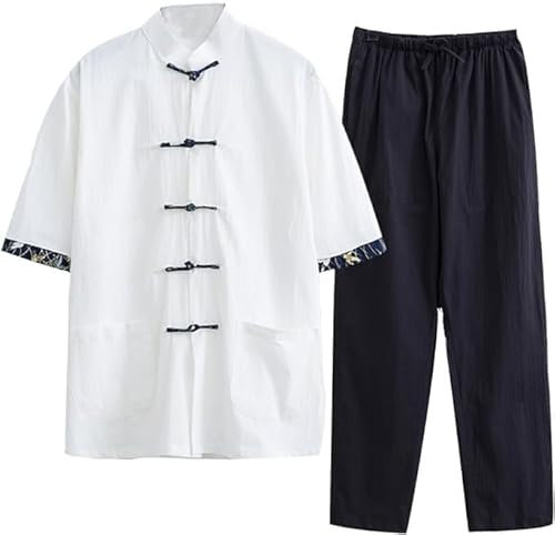 Traditioneller chinesischer Tang-Anzug, Kung-Fu-Hemd aus Baumwollleinen, Kampfsportanzug, kurzärmliges Hemd und Hose, lockere Shaolin-Tai-Chi-Kleidung in Übergröße, Wing-Chun-Uniform(White,XXXXX-Large