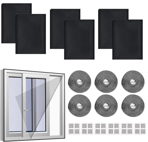 Fliegengitter Fenster, 6 Stück Fliegennetz Fenster mit 6 Rollen Selbstklebend und 6 Flicken, 150x130cm Fliegengitter, Hält Fliegen/Mücken Draußen (Schwarz)