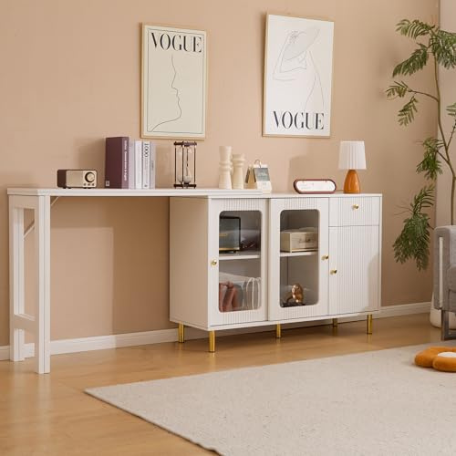 Aparador blanco moderno buffet creativo con mesa extensible plegable, patas metálicas doradas, puertas correderas de cristal, estantes ajustables y diseño multifuncional, armario de comedor con patrón