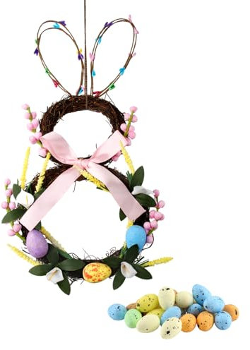XIAQICA 1pcs Couronne Pâques Couronne Porte Pâques avec 25pcs Oeuf Pâques Couronne Lapin de Pâques Décoration pour DIY Décoration Fenêtre de Porte D'entrée Suspendre Guirlande