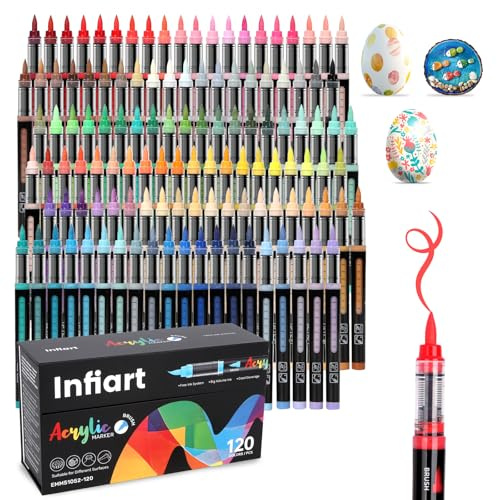 Infiart 120 Couleurs Feutre Acrylique Tête de Brosse Douce Marqueurs Peinture Acryliques Système de Contrôle Automatique Acrylic Brush Markers pour Pierre,Bois,Galets,Papier, Tissu,Verre, Plastique