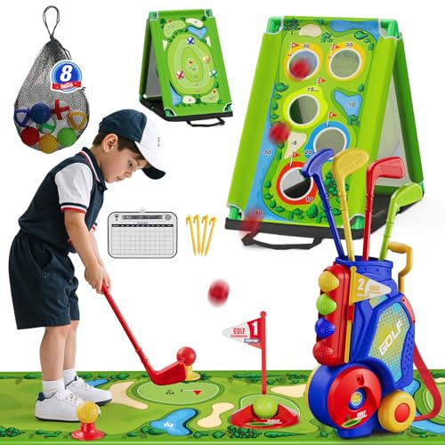 HYES 3 in 1 Toddler Golf Set with Putting Mat & Sticky/Golf Game, Kids Golf Club with 8 Balls, 4 Plastic Clubs, Scoreboard, Indoor Outdoor Sport Toys with Golf Cart Gift for Boys Girls Aged 2-5, Blue