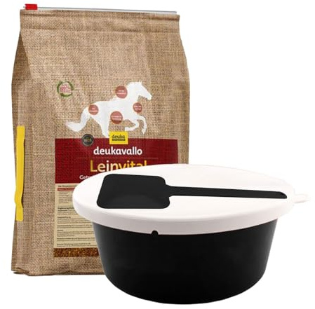 deukavallo Leinvital Kit de nourriture pour cheval - Graines de lin Mash sans céréales 6 kg + bol de 5 l avec couvercle et cuillère à mash - Nourriture digestive pour chevaux sensibles et changement