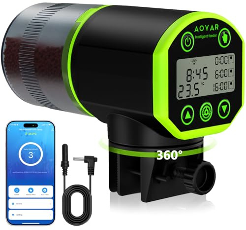 WiFi Automatic Fish Feeder for Aquarium: App-Controlled Auto Feeders for Tank Turtle Pond Betta with Water Temperature Monitoring & Alarm, Timed Auto-Feeding for Flake Pellet Vacation Weekend