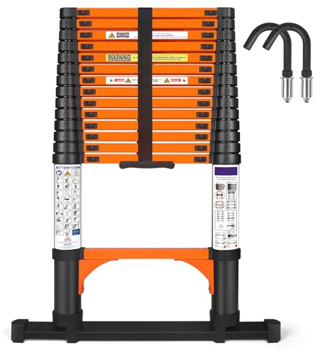 Échelle télescopique en aluminium de 4,4 m - Extensible - Avec stabilisateur et crochets amovibles - Multifonction - Échelle domestique