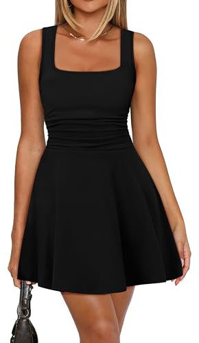 OFEEFAN Womens Dresses Casual Square Neck Pleated Dress Fit and Flare Mini Dresses Summer Clothing Black L