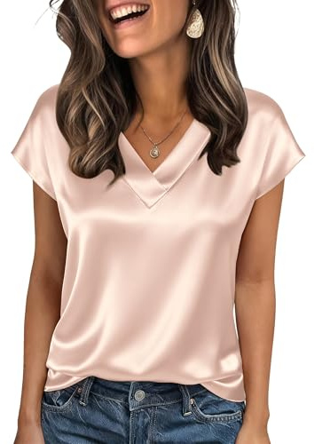 Zeagoo Chemisier Femme Satin Manches Courtes col V Été Soie Élégante Blouse | Couleur Unie Silk Tshirt| Business Shirts| S-XXL