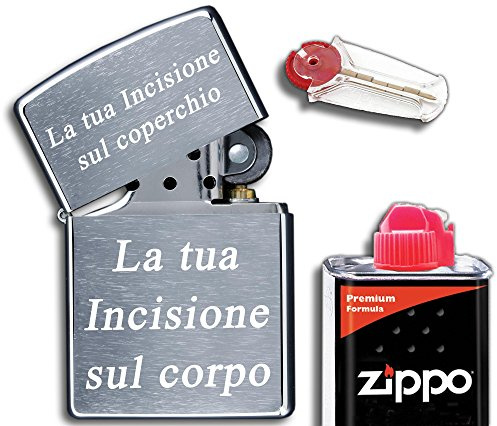 3Dglas Zippo Originale con inciso Il Testo | Cromo Spazzolato, Chrome Brushed |compreso Set Regalo (Flint, Benzina)