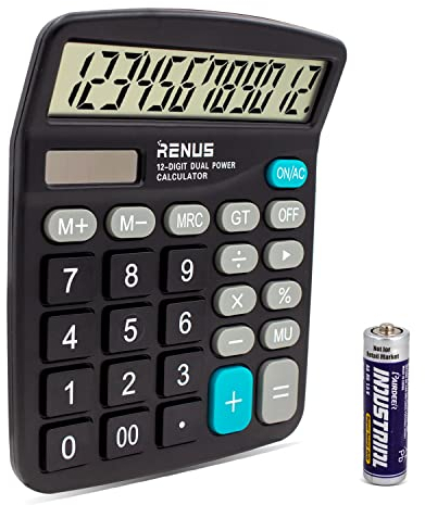 RENUS Standard Taschenrechner 12-stelliger Tischrechner Dual-Power (Solar und Batterie),Schwarz