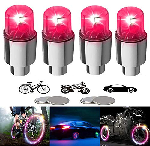 YUERWOVER 4 Pieces LED Bike Wheel Lights Car Tire Valve Stems Caps Bicycle Motorcycle Waterproof Tyre Spoke Flash Lights Cool Reflector Accessories for Kids Men Women(Red)