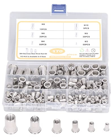 Fafeicy 170Pcs Écrous à Riveter Assortiment, M3, M4, M5, M6, M7, M8, Écrou à Riveter en Acier Inoxydable, Écrous à Sertir à Tête Plate, Noix